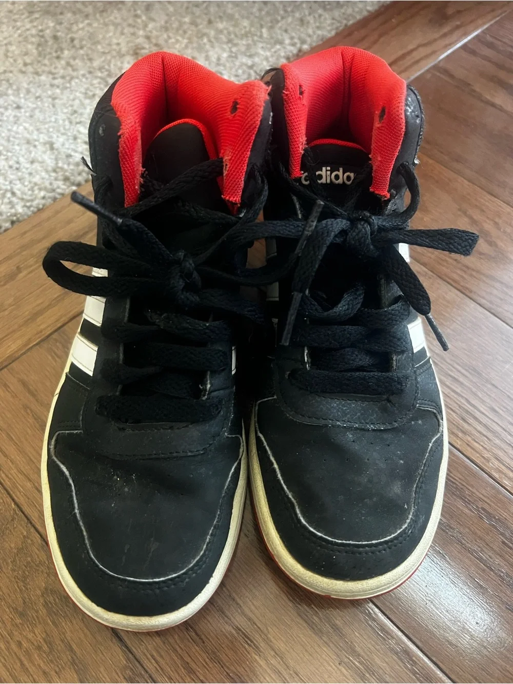 adidas Hoops 2.0 Mid Black White Red Kids Sneakers Size 3Y
